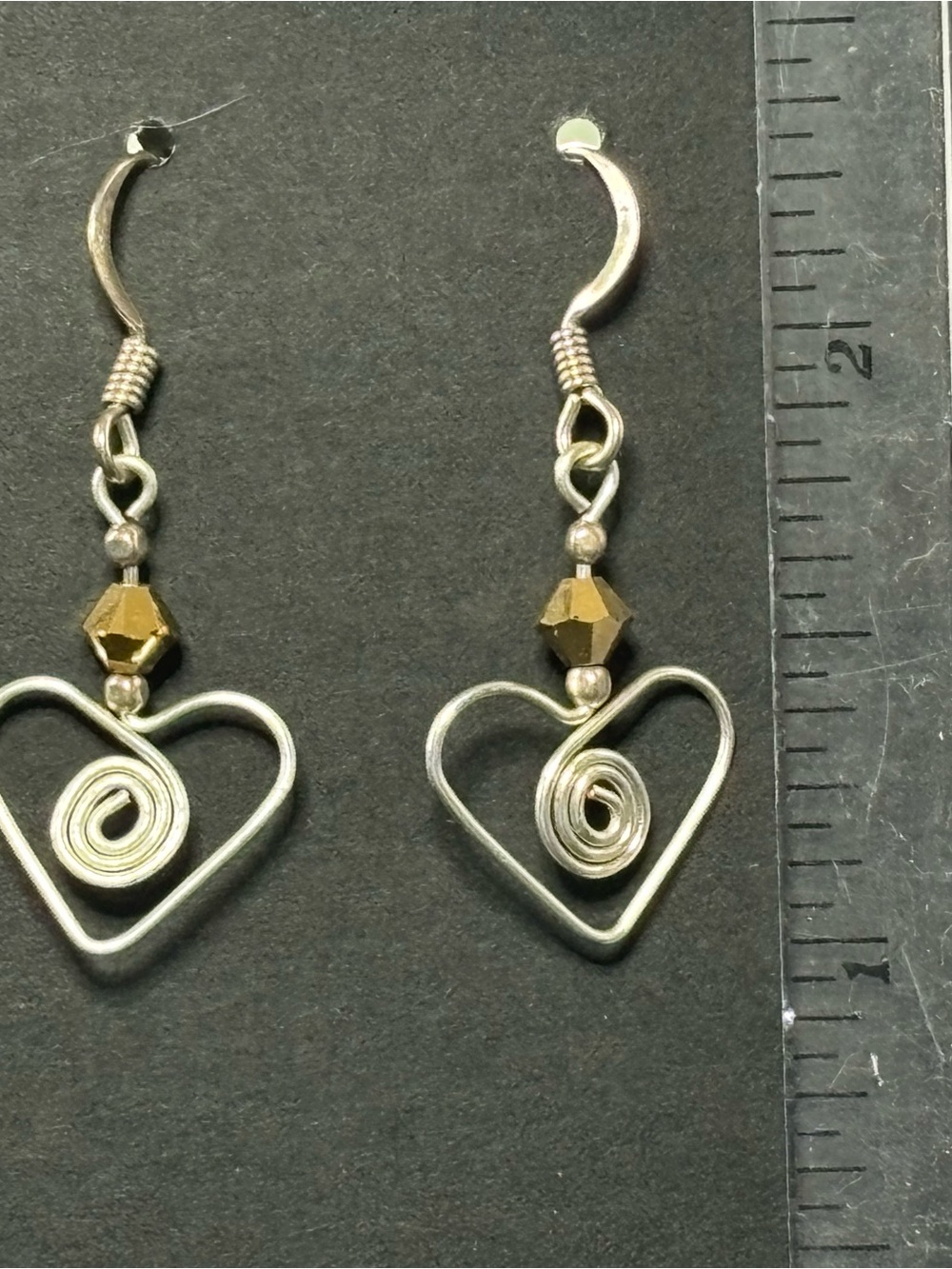 Silver-Tone Heart Drop Earrings with Gold Accent Bead - Picture 6 of 6